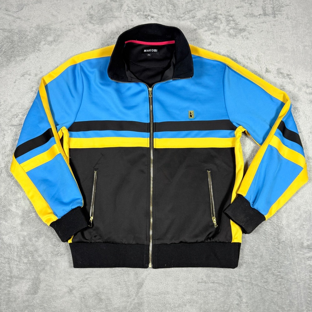 Makobi Mens Large Track Jacket Blue Black Yellow Colorblock Stripe Zip